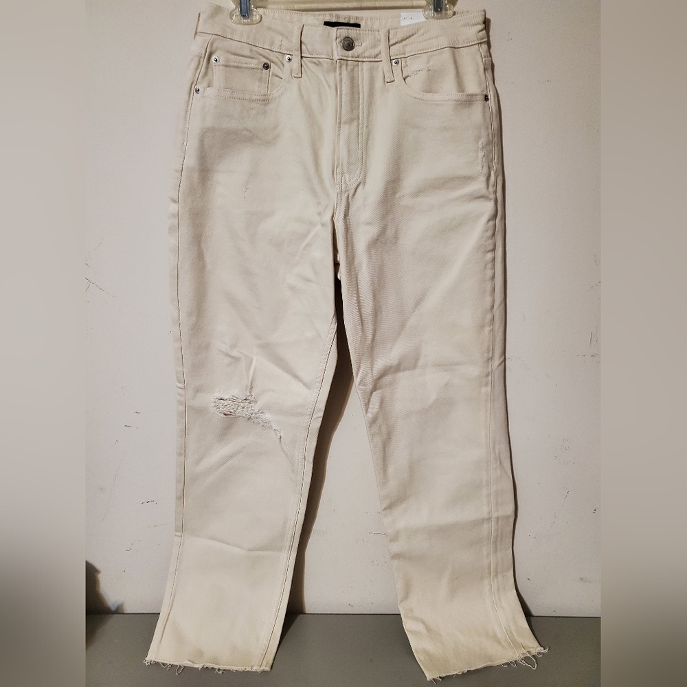 Women's Cream Distressed Jeans High Rise 10 Short